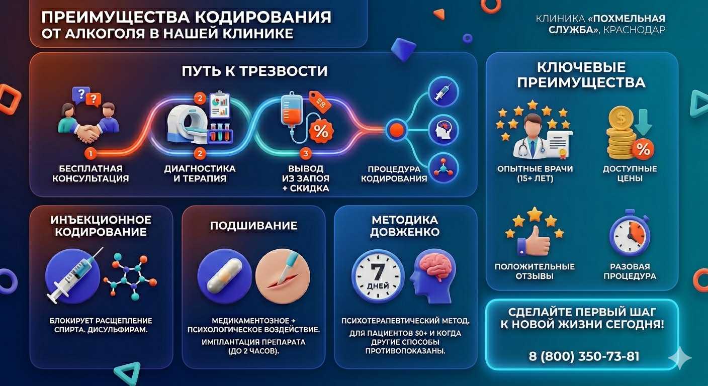 Инфографика о методах кодирования от алкоголя в Ясногорске: инъекции, подшивание, метод Довженко. Преимущества клиники и этапы лечения.